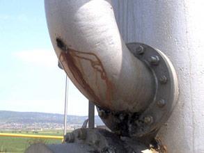 Corroded area and leaking hole on the Methane pipework